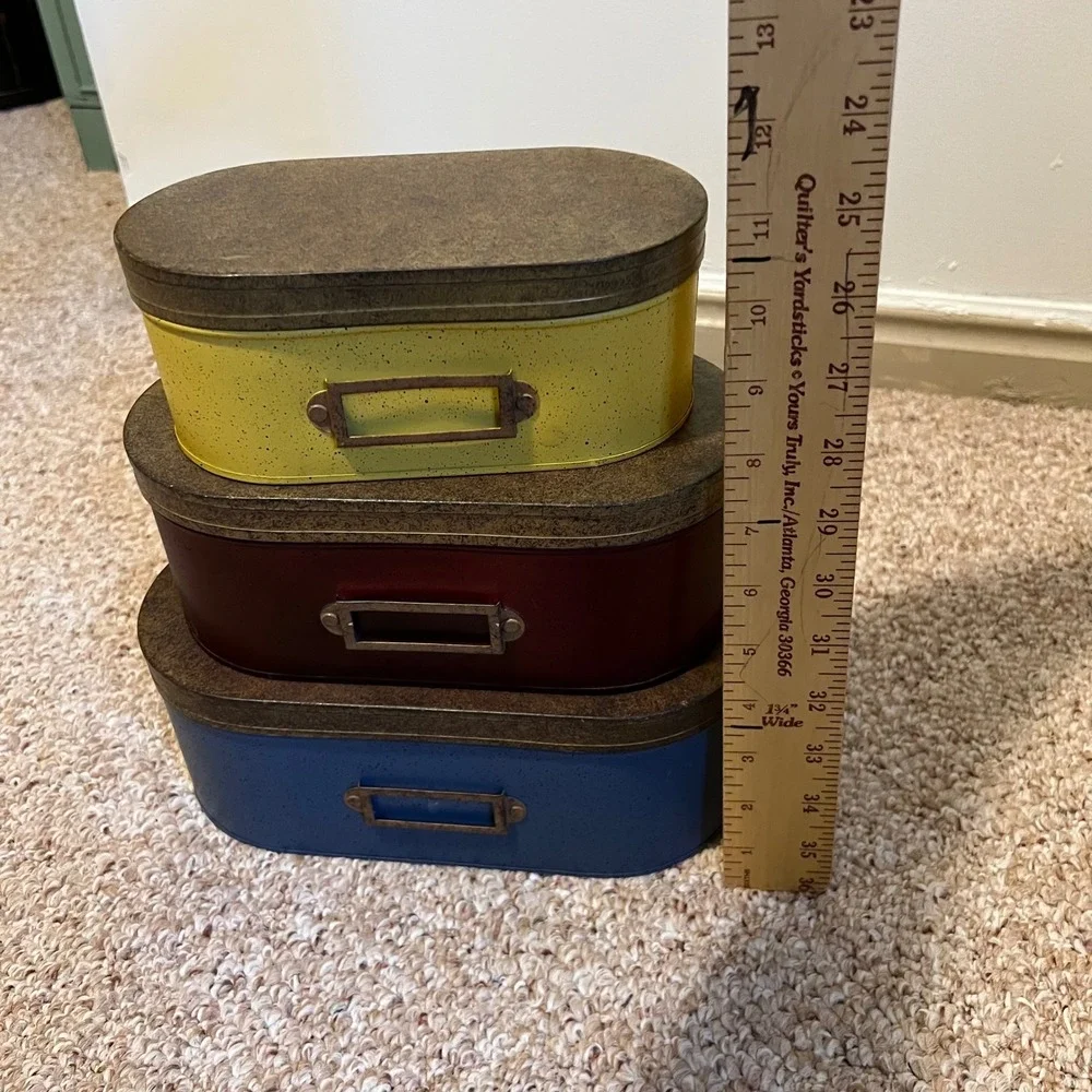 Vintage Style Nesting Metal Tins Set of 3 Oval Storage Boxes Label Holders